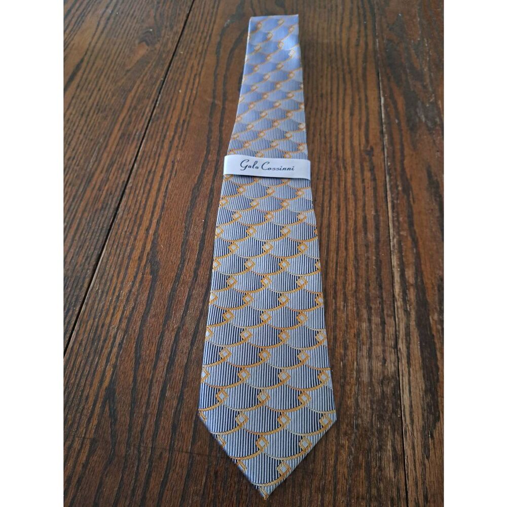 New Galo Cossinni Silk Handmade Mens Dress Neck Tie Gold Blue Silver Grey NWT